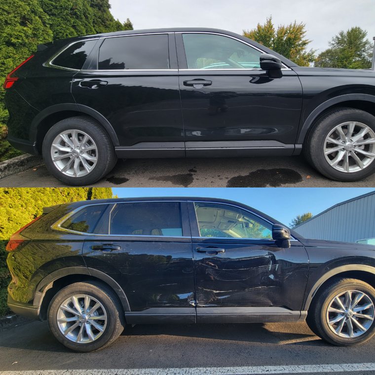 Honda CR-V before and after collision repair at Carheart Auto Tech & Collision in Hillsboro, OR — Rear quarter panel & bumper