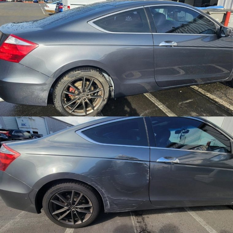 Honda Accord Coupe before and after collision repair at Carheart Auto Tech & Collision in Hillsboro, OR — Side impact body repair