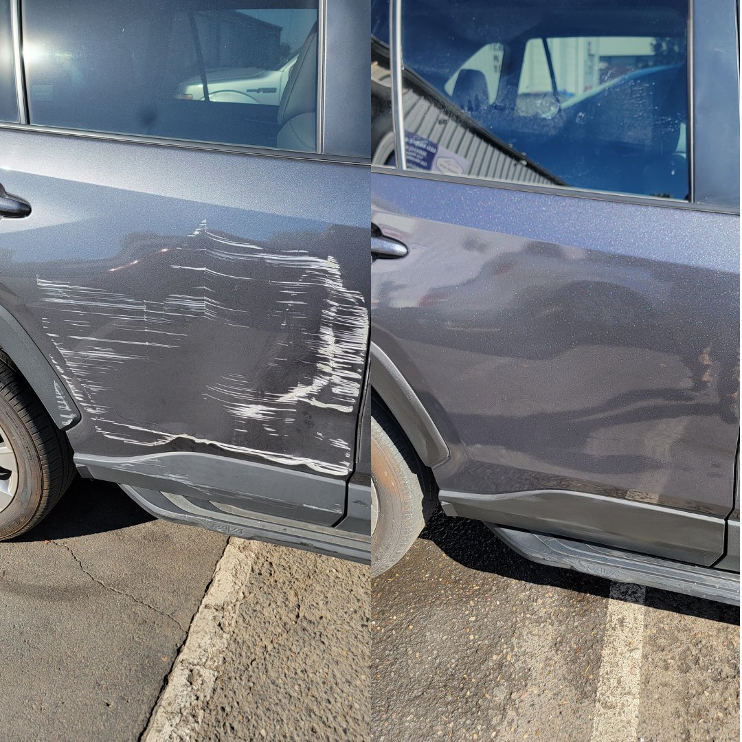 Toyota RAV4 before and after collision repair at Carheart Auto Tech & Collision in Hillsboro, OR — Rear door deep scrape & refinish