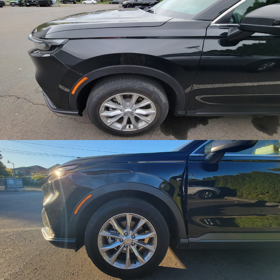 Honda CR-V before and after collision repair at Carheart Auto Tech & Collision in Hillsboro, OR — Front fender & door crease